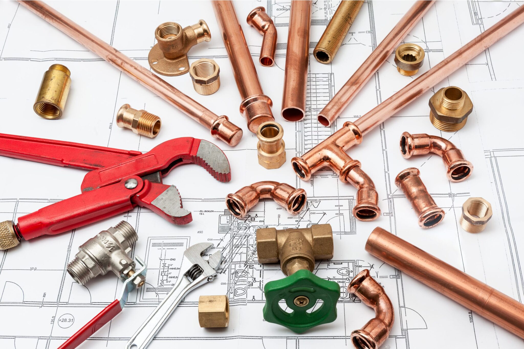 Copper pipes, fittings, valves, and plumbing tools in Temecula