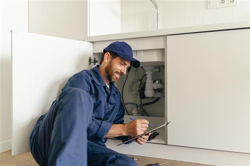 Residential plumber reviewing plumbing repairs in a Temecula kitchen