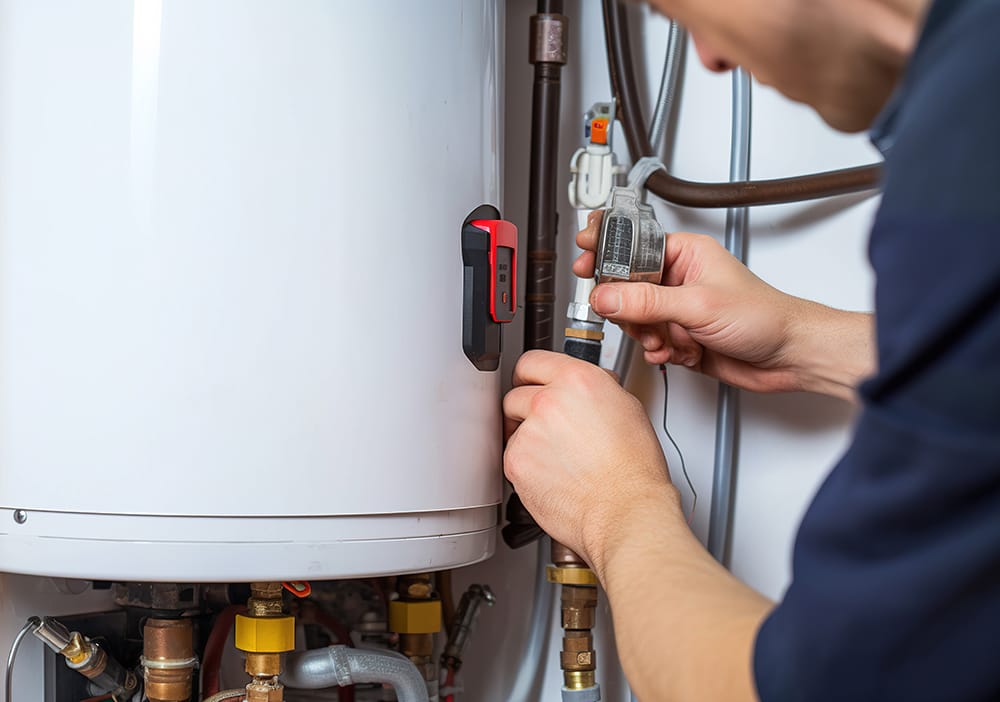 Technician repairing pipes connected to a water heater in Temecula